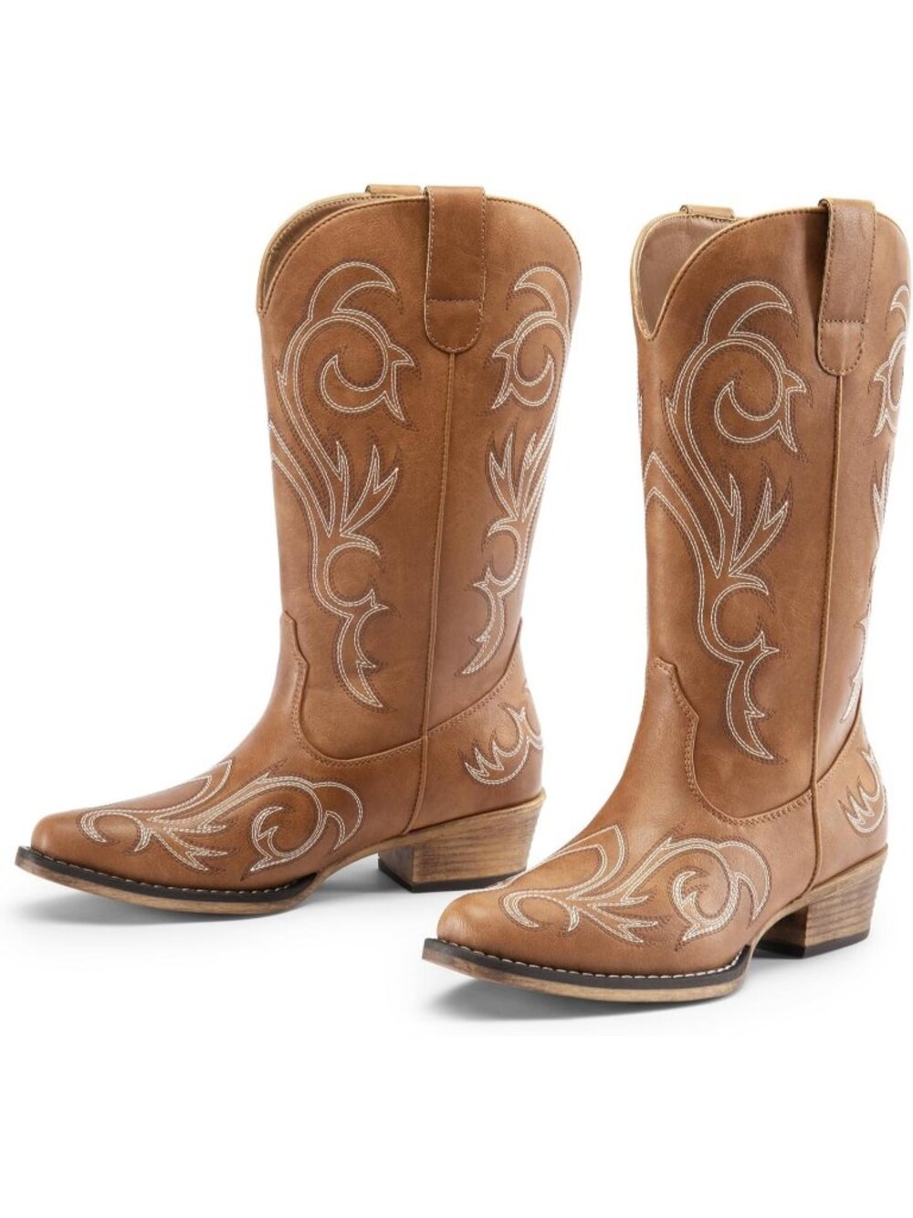 Woman's Tan Square Toe Embroidery Stitched Chunky Heel Mid Calf Cowgirl Boots - Picture 5 of 6